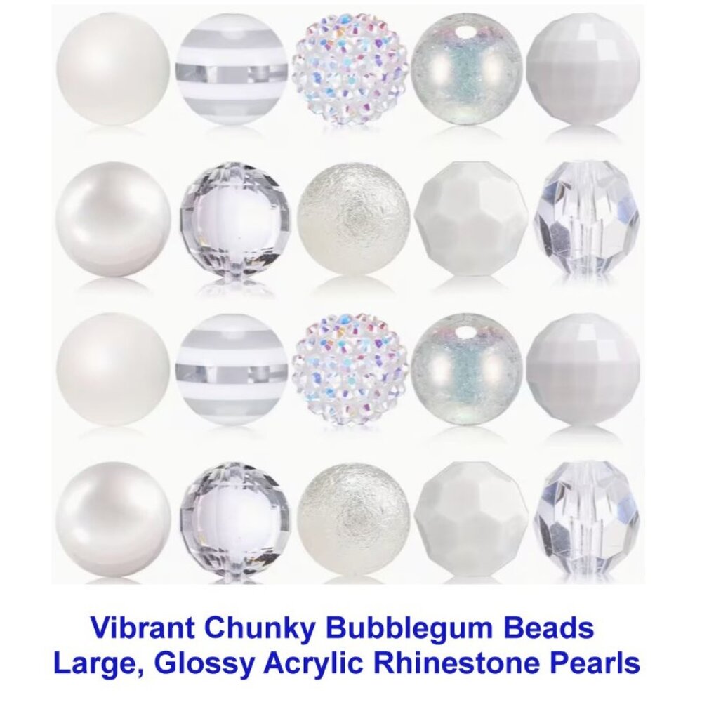 20 Vibrant Chunky Bubblegum Beads -Glossy Acrylic Rhinestone Pearls White